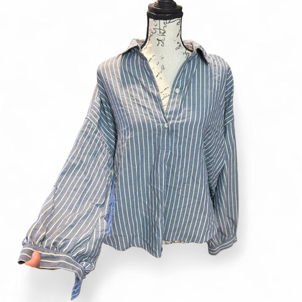 Max Studio Blue Striped Button Up Blouse Old Money Oversized Preppy Nautical M